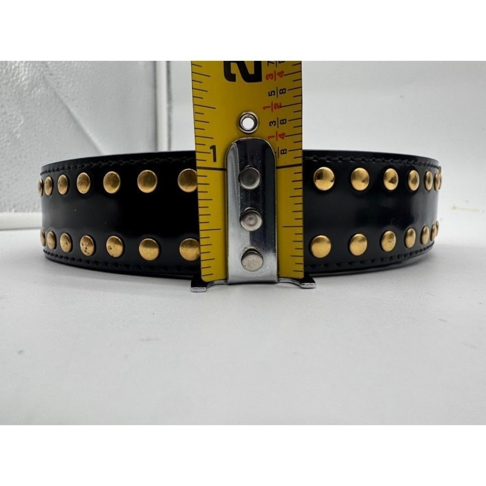 Versace Black Leather Studded Belt Gold Medusa Head Geometric Buckle Waist Belt - Picture 11 of 12